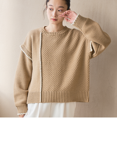 配色ステッチパッチワークニット