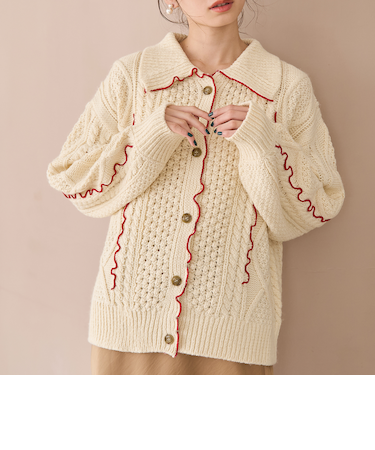 配色メローケーブル編みニットカーディガン