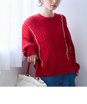 配色メローケーブル編みニットプルオーバー