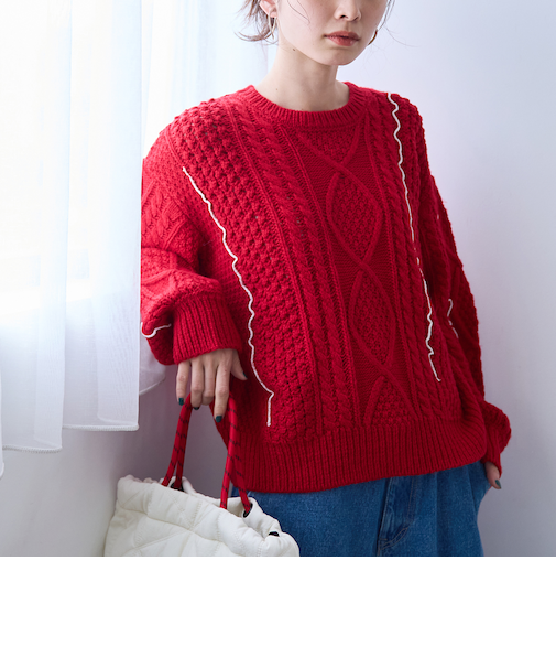 配色メローケーブル編みニットプルオーバー