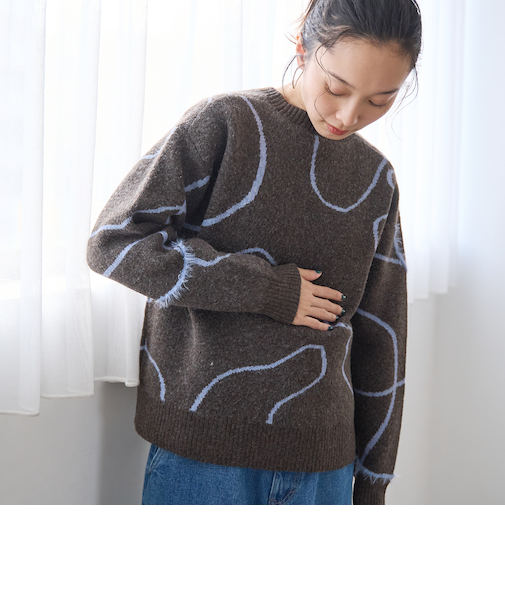 アート柄 ジャガードニュアンスニット