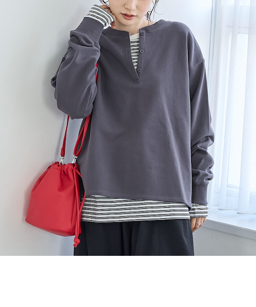 【セットアイテム】2wayヘンリーネック裏毛プルオーバー ボーダーロンTセット