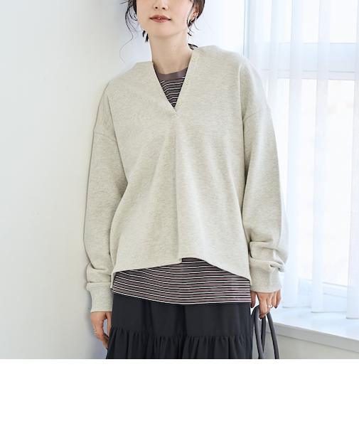 【セットアイテム】2wayヘンリーネック裏毛プルオーバー ボーダーロンTセット