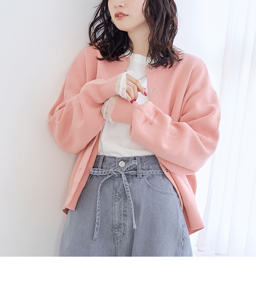 【選べる6色展開 / スプリングカラー】袖刺繍 スウェットライクハイゲージニットカーディガン