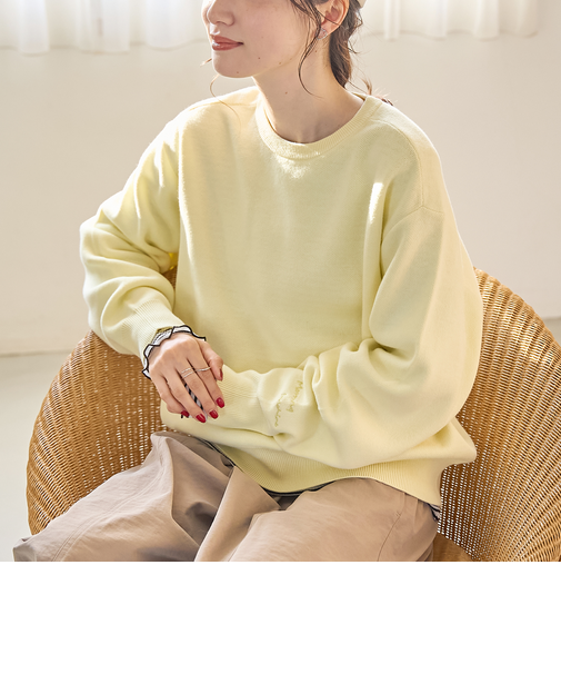 【選べる6色展開 / スプリングカラー】袖刺繍 スウェットライクハイゲージニット