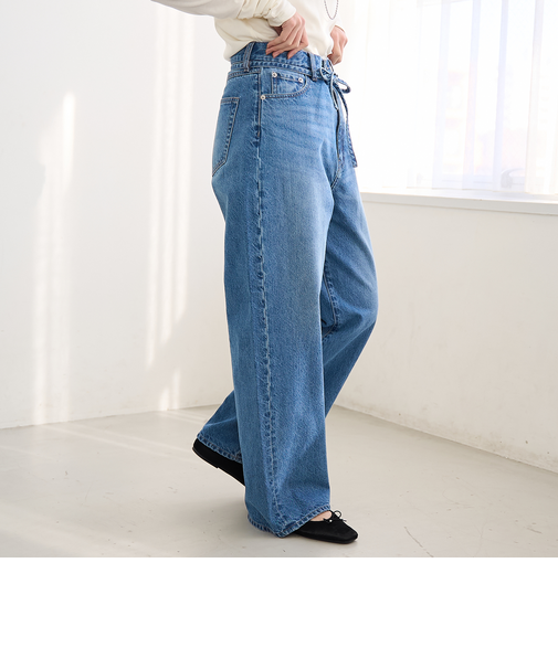 ウエストリボン ワイドストレートデニムパンツ
