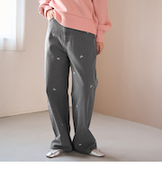 花柄刺繍 ワイドストレートデニムパンツ