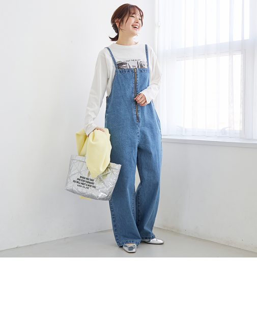 フロントジップデザインデニムサロペット