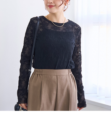 カットレース クルーネック 長袖トップス