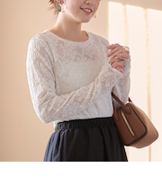 カットレース クルーネック 長袖トップス