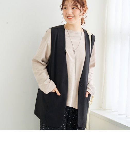 リネンタッチノーカラーロングジレ