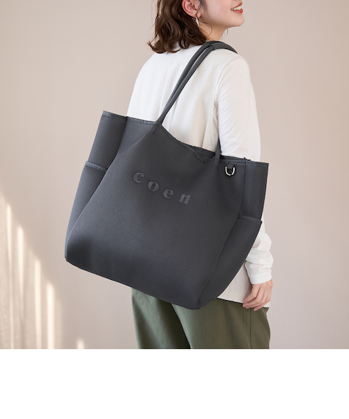 coen（コーエン）ロゴ刺繍 メッシュパフトートバッグ
