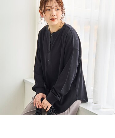 シアーワッフル ヘンリーネックロンT