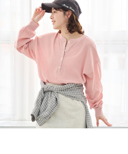 シアーワッフル ヘンリーネックロンT