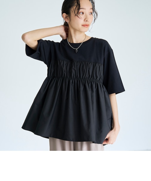 布帛ドッキング 切替ギャザーTシャツ