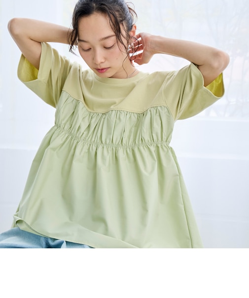 布帛ドッキング 切替ギャザーTシャツ