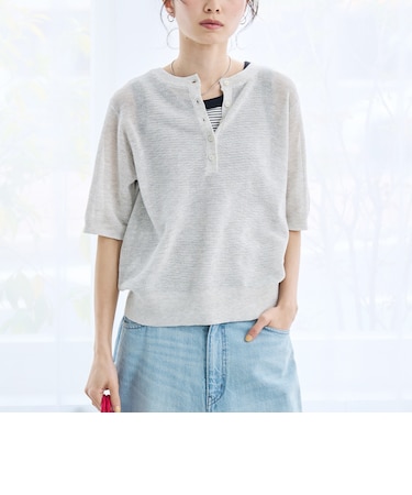 シアーリネンワッフルヘンリーネックトップス