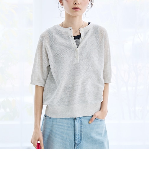 シアーリネンワッフルヘンリーネックトップス