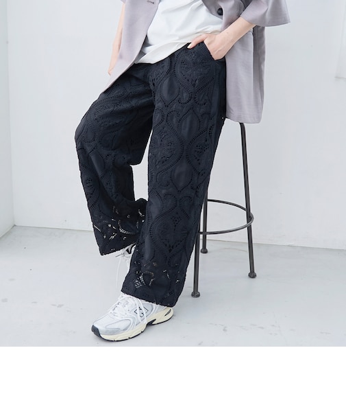 モチーフ刺繍レース イージーワイドパンツ