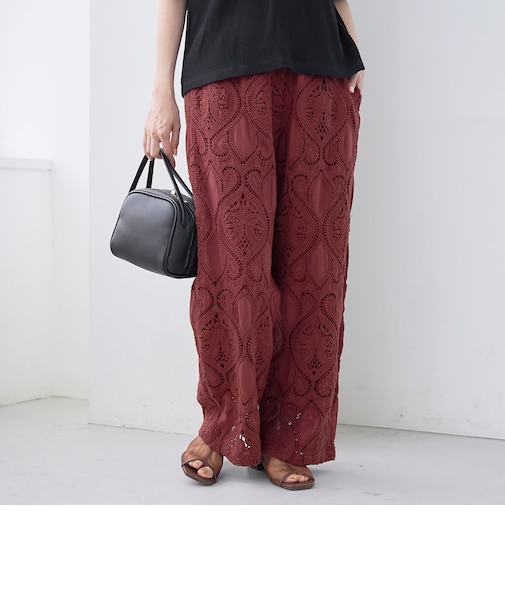 モチーフ刺繍レース イージーワイドパンツ