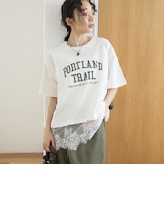 【汗染み軽減 / 接触冷感】裾レースドッキング アソートロゴプリントTシャツ
