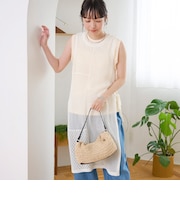 パッチワーク風 透かし編みメッシュニットロングジレ