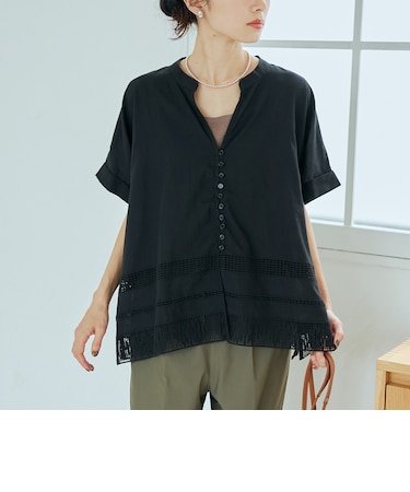 裾刺繍レース スキッパーシアーバンドカラーブラウス