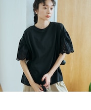 カットワークレース 袖切替デザインTシャツ