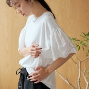 カットワークレース 袖切替デザインTシャツ