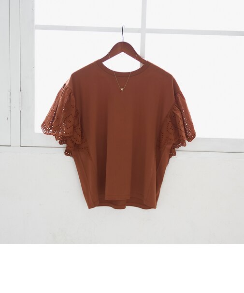 カットワークレース 袖切替デザインTシャツ