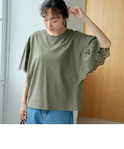 カットワークレース 袖切替デザインTシャツ