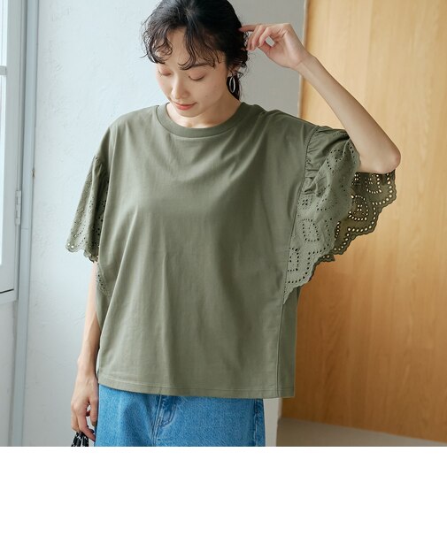 カットワークレース 袖切替デザインTシャツ