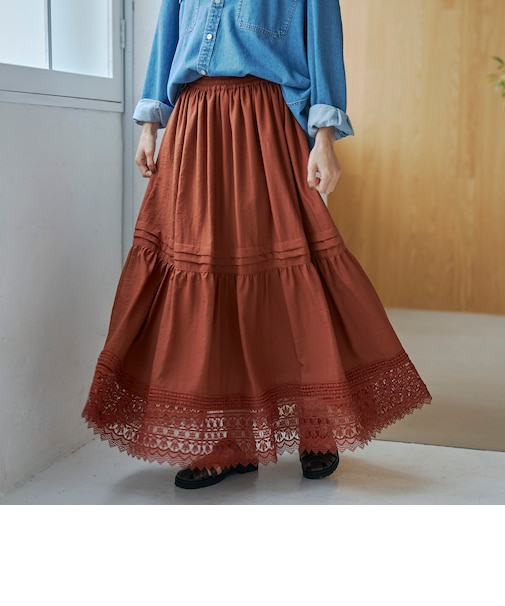 裾レース刺繍ティアードスカート