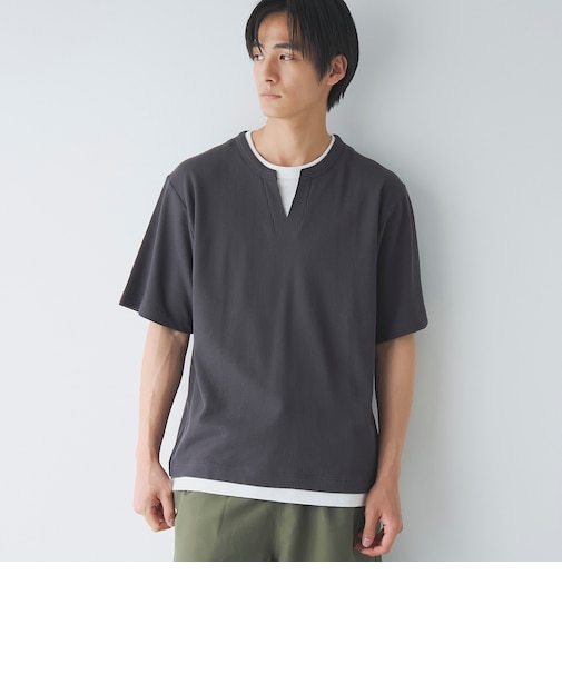 キーネックフェイクレイヤード半袖Tシャツ