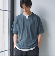 キーネックフェイクレイヤード半袖Tシャツ