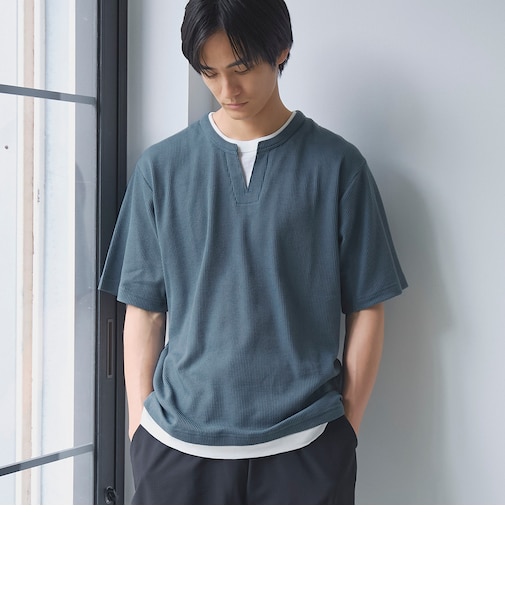 キーネックフェイクレイヤード半袖Tシャツ