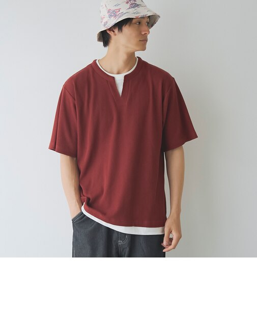 キーネックフェイクレイヤード半袖Tシャツ