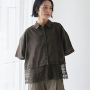裾レースドッキング レギュラーカラー シアー半袖シャツ