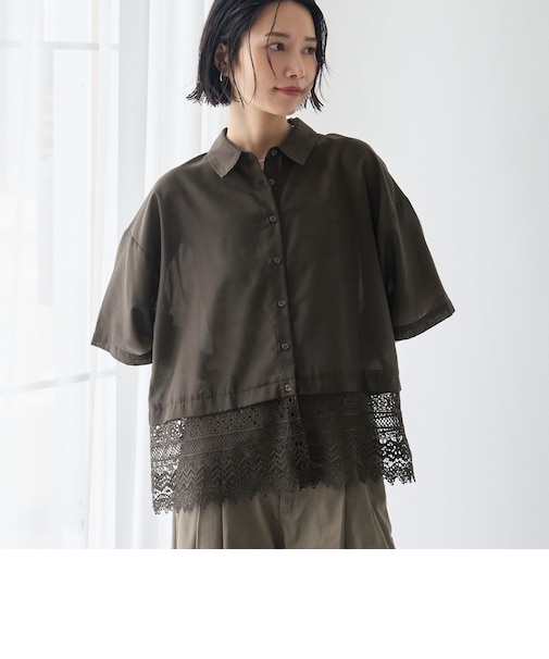 裾レースドッキング レギュラーカラー シアー半袖シャツ