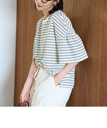 マルチボーダー 袖ギャザーフリルワッフル Tシャツ