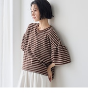 マルチボーダー 袖ギャザーフリルワッフル Tシャツ