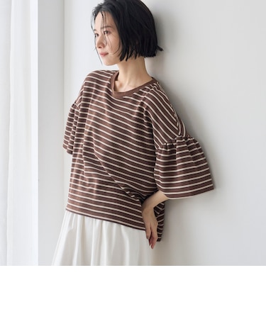 マルチボーダー 袖ギャザーフリルワッフル Tシャツ