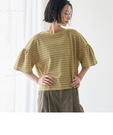 マルチボーダー 袖ギャザーフリルワッフル Tシャツ
