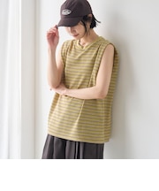 マルチボーダー ワッフルタックノースリーブトップス