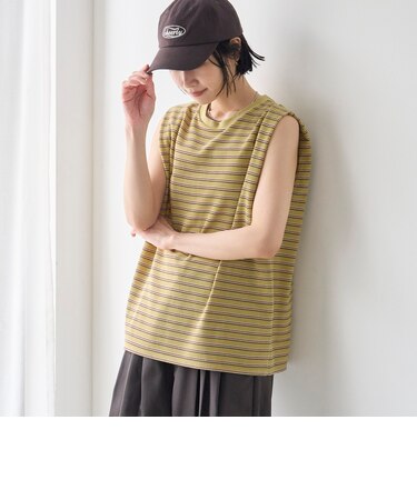 マルチボーダー ワッフルタックノースリーブトップス