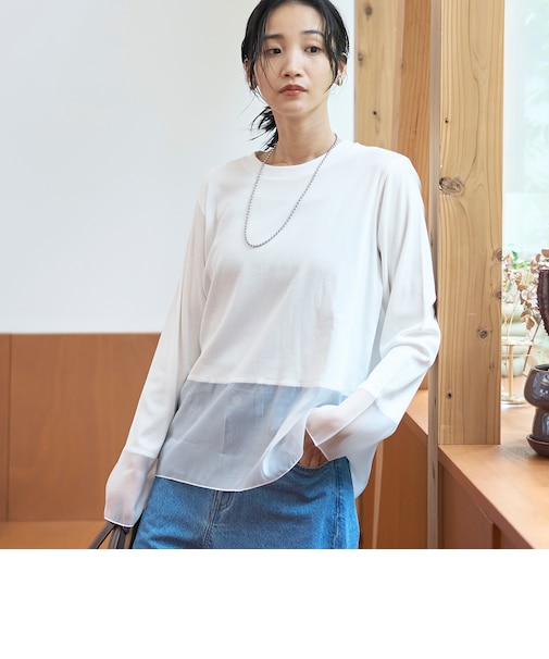 レイヤード風シアー長袖トップス