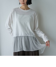 裾ドットチュール切替 レイヤード風ティアードロンT