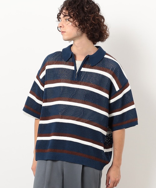 メッシュ ハーフジップ ポロニット｜パープルアンドイエローの通販