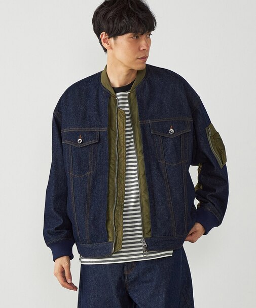 デニム×ポリエステルツイル切替ブルゾン
