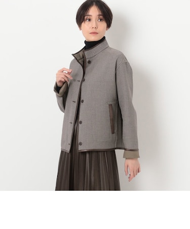 【リバーシブル】無地×ハウンドトゥースダブルフェイス ショートコート